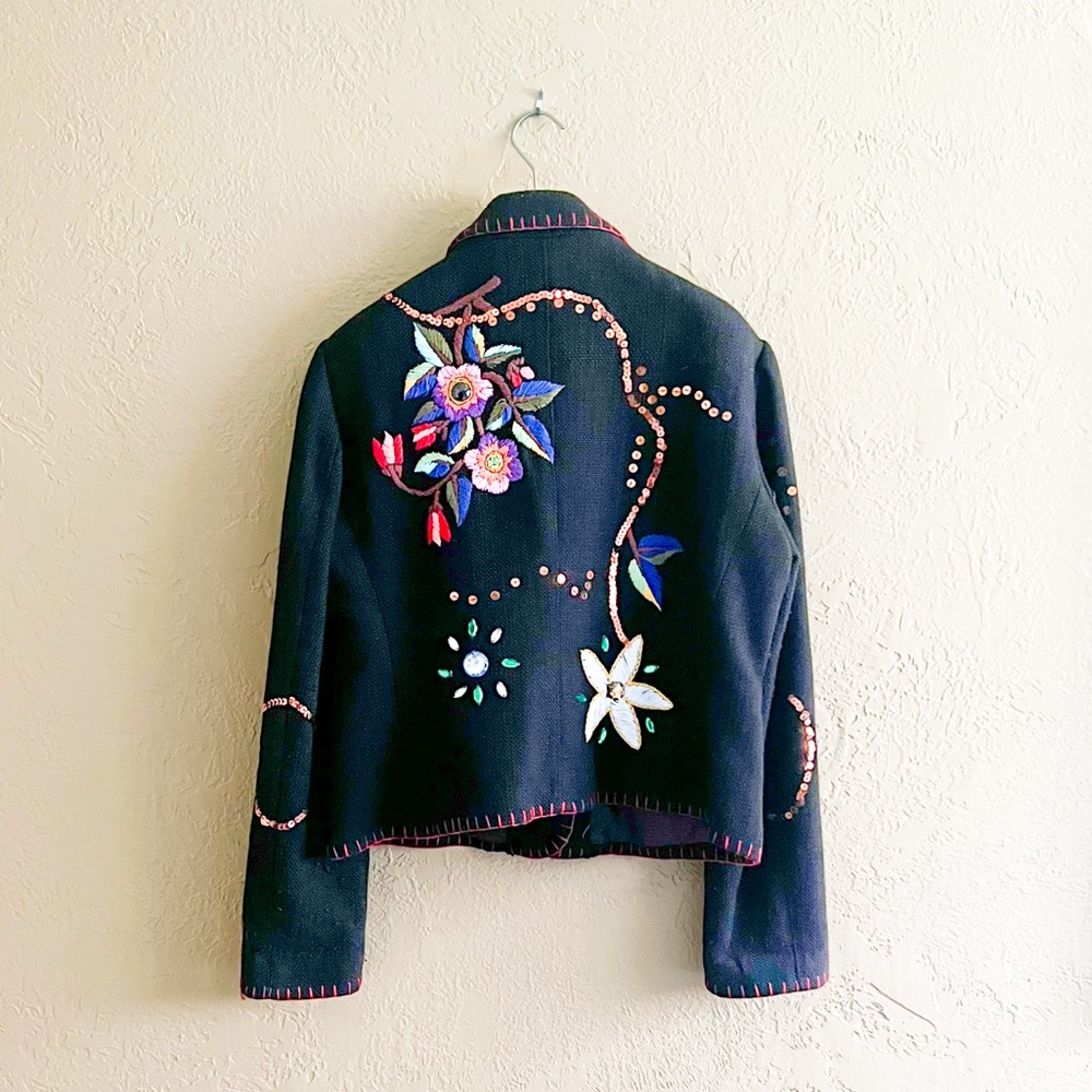 Stunning Zara Linen Blend Black XL Jacket Blazer Beaded Embroidered Sequins